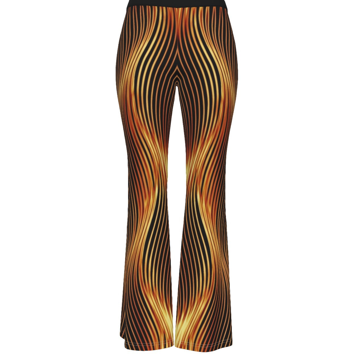Studio product shot of the Esh Tamid skinny flare pants from the front, showcasing the symmetrical glowing flame graphics.