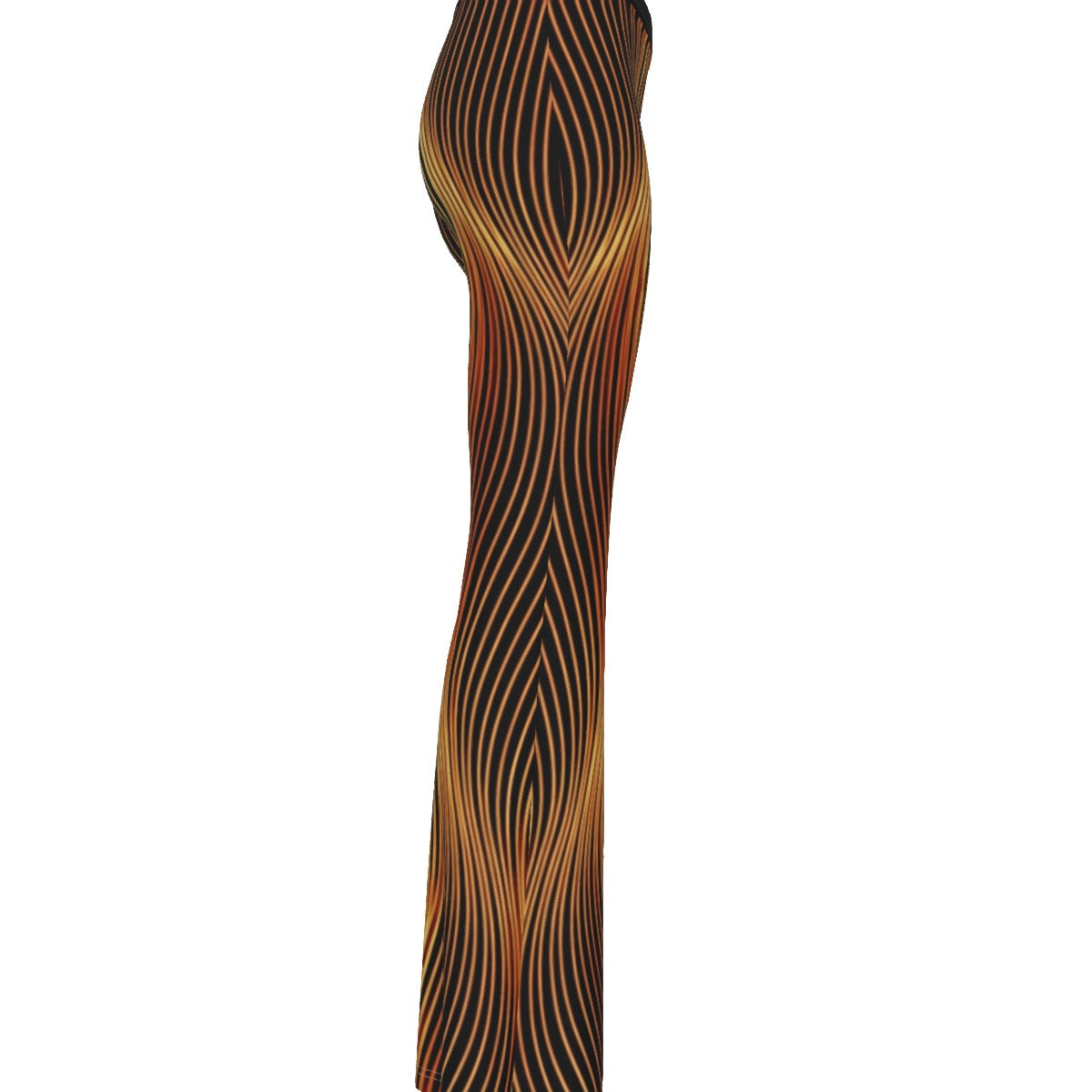 Right side profile view of the Esh Tamid skinny flare pants, detailing the seamless flow of the black and fiery orange lines.