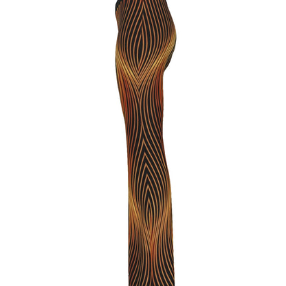 Left side profile of the Esh Tamid flare pants, demonstrating how the curved lines of the flame design warp around the leg.