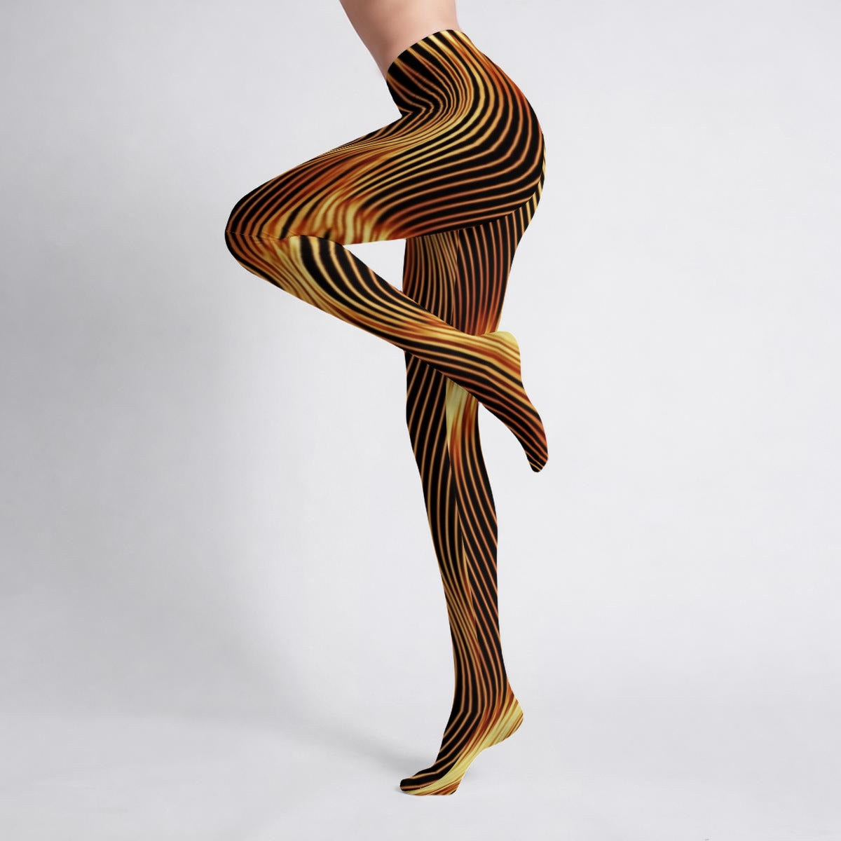 A dynamic side view of legs in mid-air pose wearing the Orot Series Esh Tamid high-stretch tights to show graphic pattern flexibility