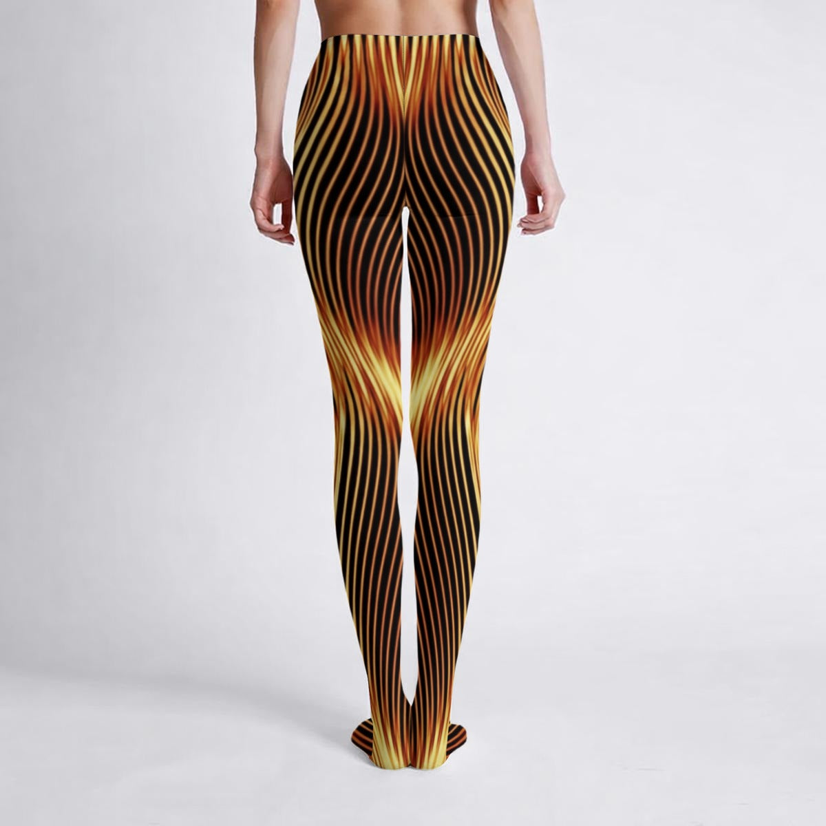 Back view studio shot of the Esh Tamid high-stretch tights on a white backdrop, displaying the continuous fiery wavy line print.