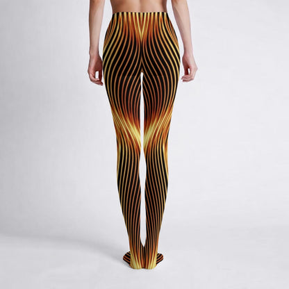 Back view studio shot of the Esh Tamid high-stretch tights on a white backdrop, displaying the continuous fiery wavy line print.