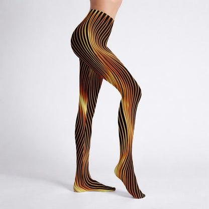 Side view of a model's legs posing in Esh Tamid high-stretch tights, showcasing the flowing orange and yellow light lines.