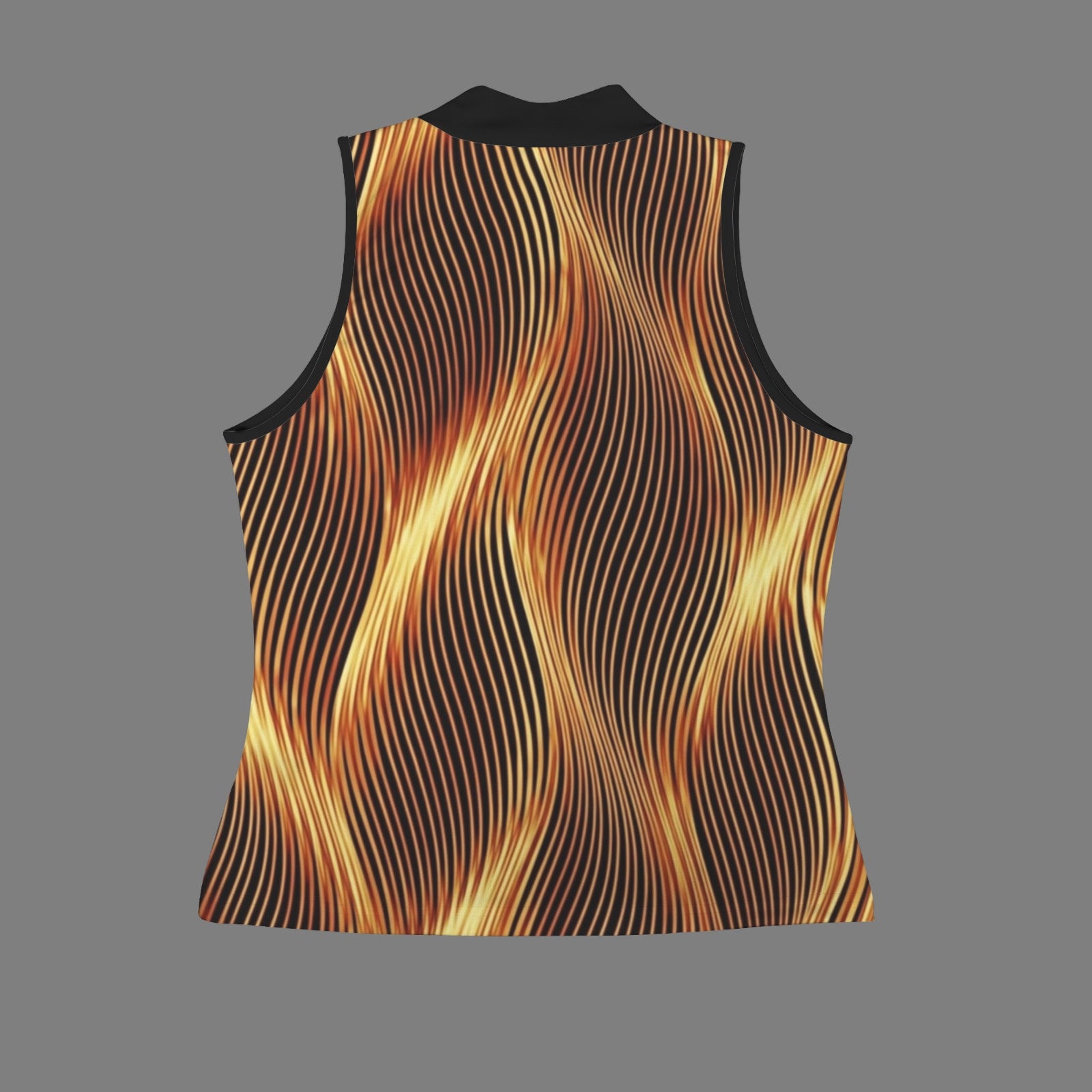 Product back flat lay of the Esh Tamid slim-fit tank top, showcasing the vibrant flame-inspired wavy graphic pattern against a gray background.