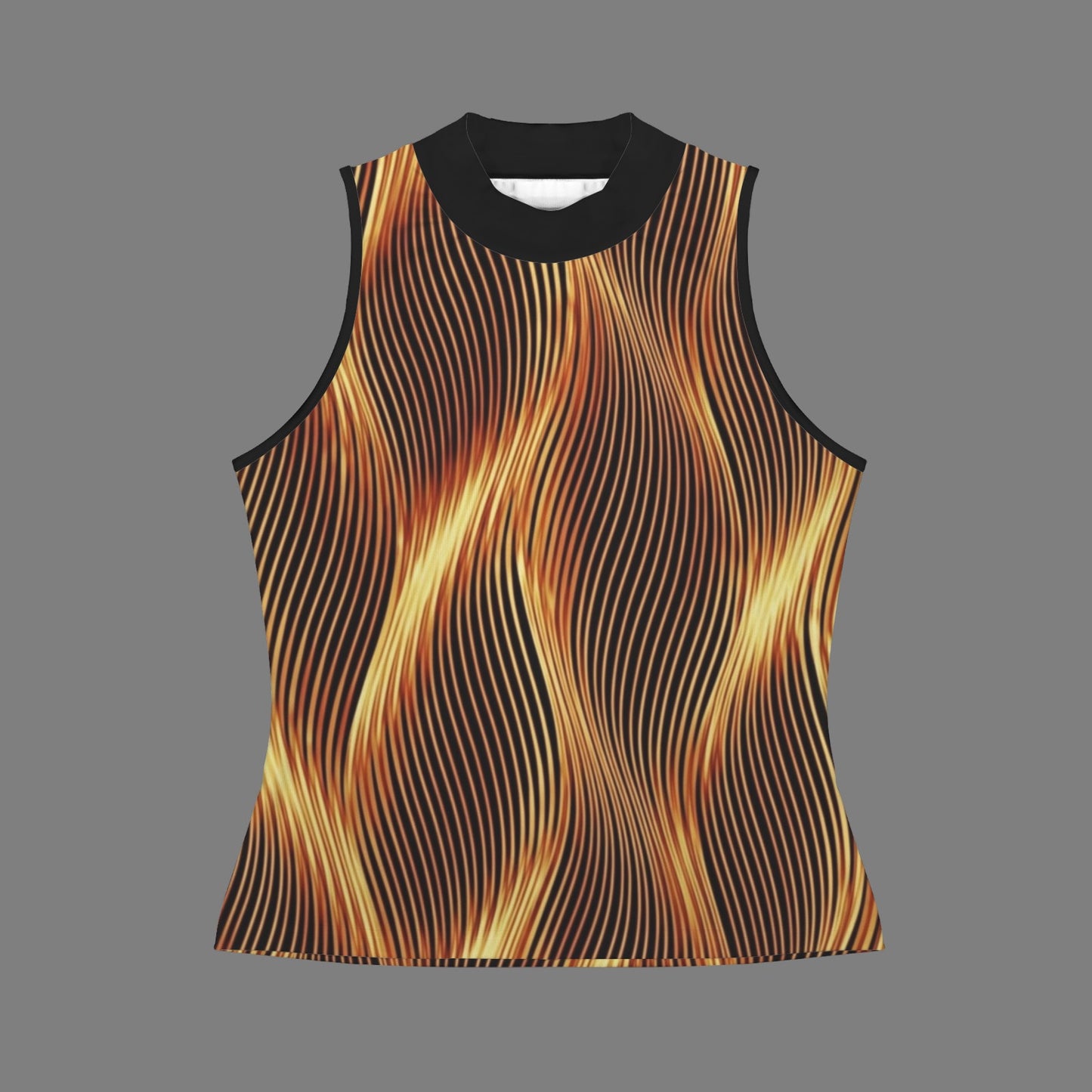 Product front flat lay of the Esh Tamid slim-fit tank top, showcasing the vibrant flame-inspired wavy graphic pattern against a gray background.
