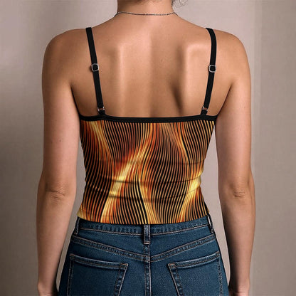 Studio back view of the Esh Tamid tank top, showing the straight neckline, black adjustable spaghetti straps, and continuous flame pattern.