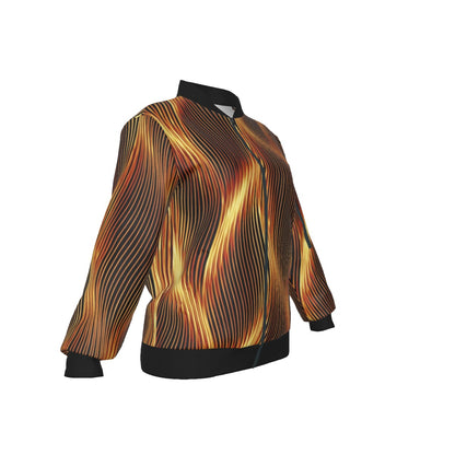 Three-quarter angled view of a bomber jacket with an abstract gold and black flame wave design on a white background.