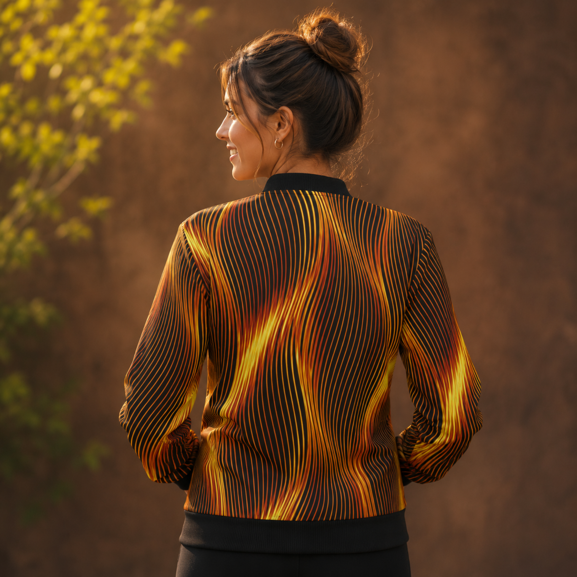 Back view of a woman with her hair in a bun, showcasing the eternal flame wavy line pattern on a bomber jacket.