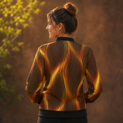 Back view of a woman with her hair in a bun, showcasing the eternal flame wavy line pattern on a bomber jacket.