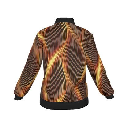 Full back view of the bomber jacket product showing the symmetry of the abstract orange and gold eternal flame wavy pattern.