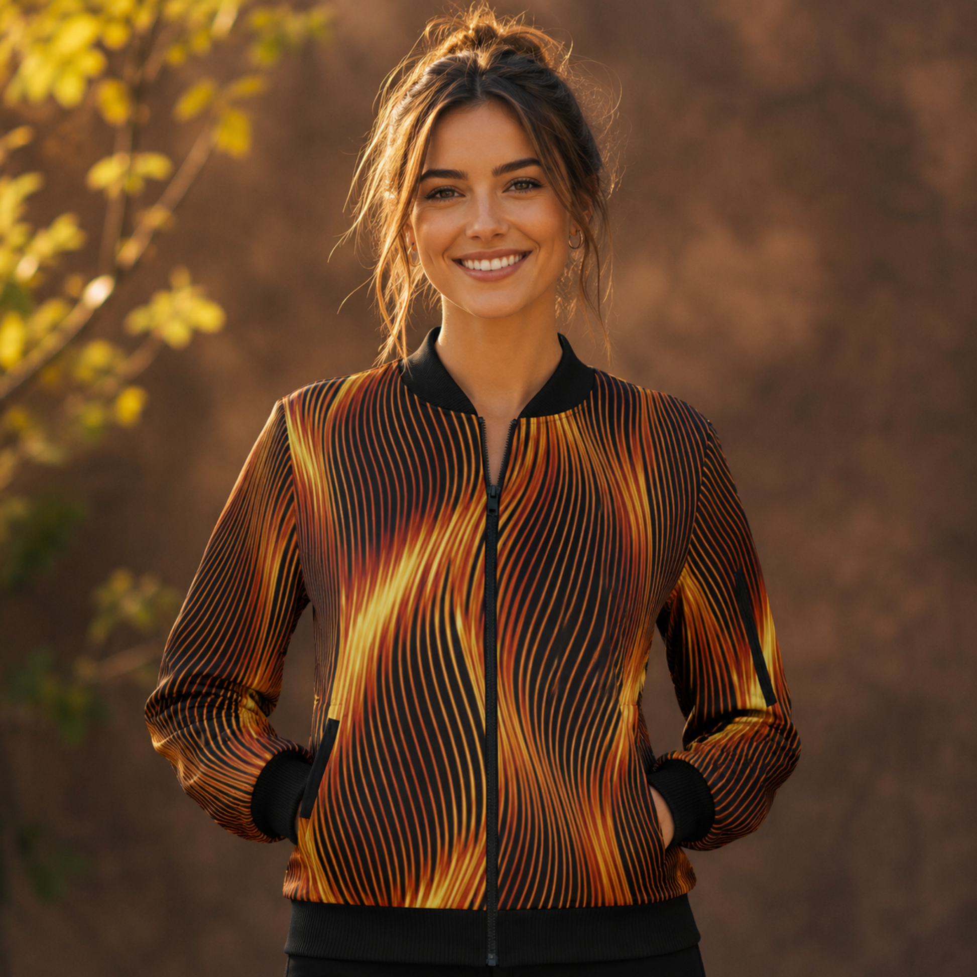 Front view of a smiling woman wearing a bomber jacket with a vibrant flame-like wavy pattern in orange, gold, and black.