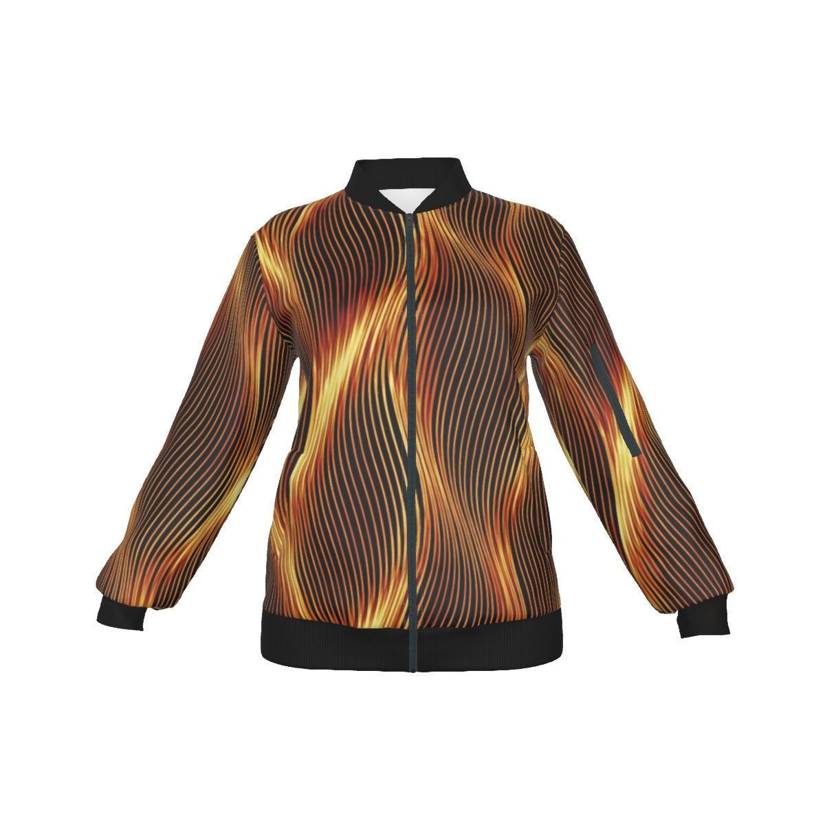 Front view product shot of a women's bomber jacket featuring a fiery orange and yellow wavy line pattern with black trim.