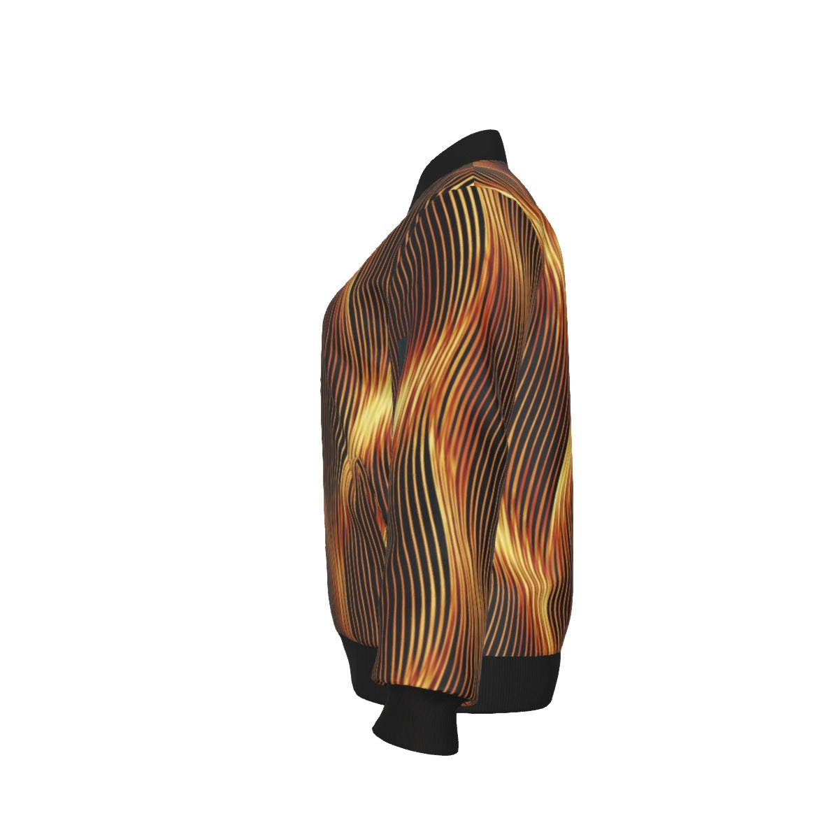 Left profile view of a bomber jacket showing the continuous flow of the fiery wavy line pattern and black ribbed cuffs.