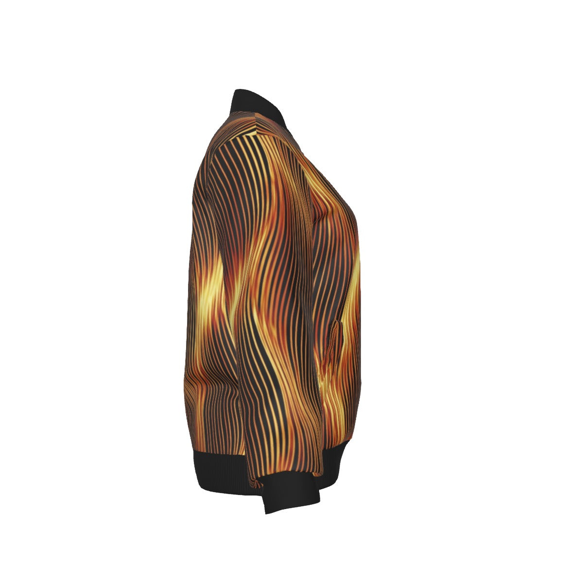 Right profile view of the women's bomber jacket highlighting the vibrant flame design and athletic silhouette.
