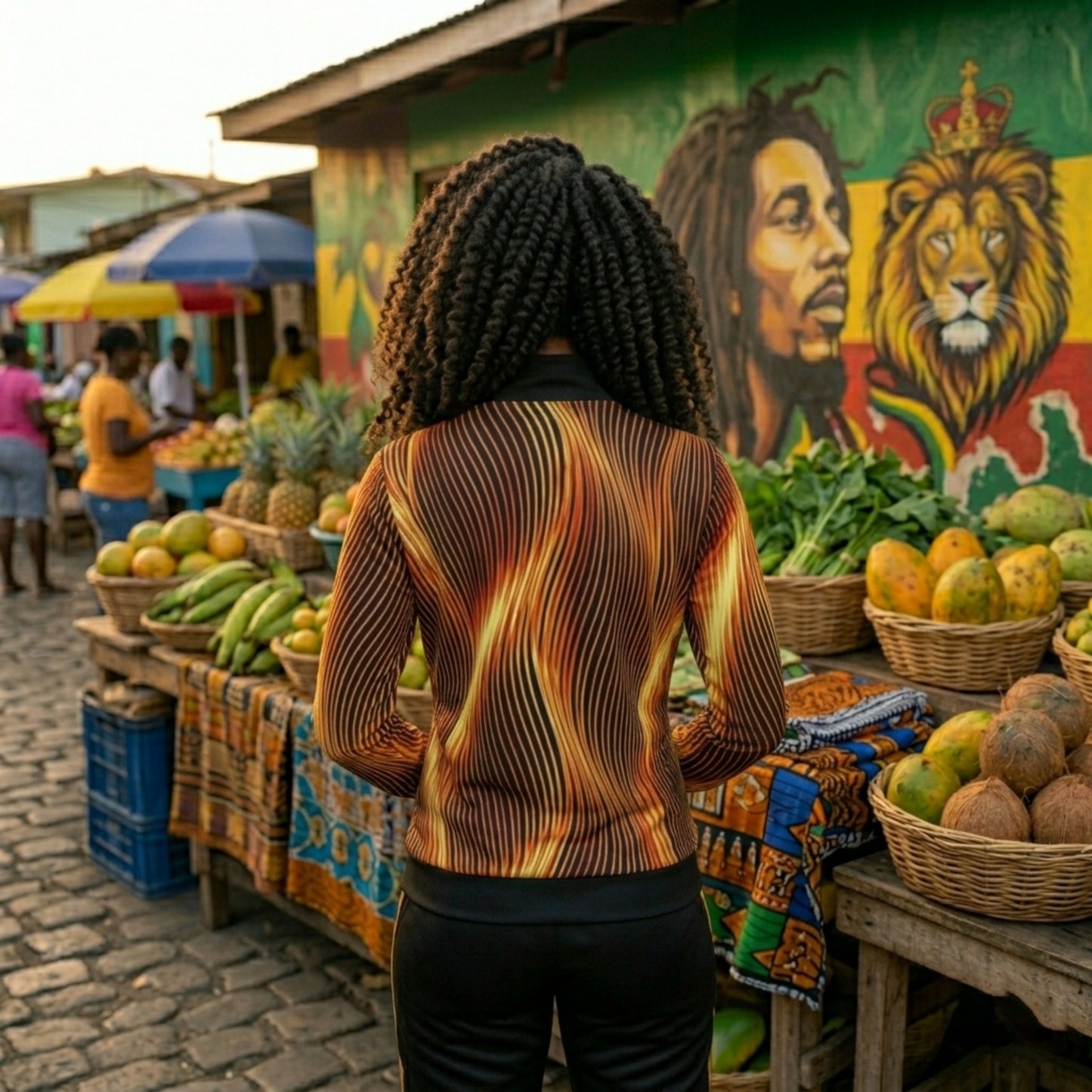 Back view of a woman with long twists wearing an Esh Tamid track jacket with a wavy orange and black flame pattern at a market.