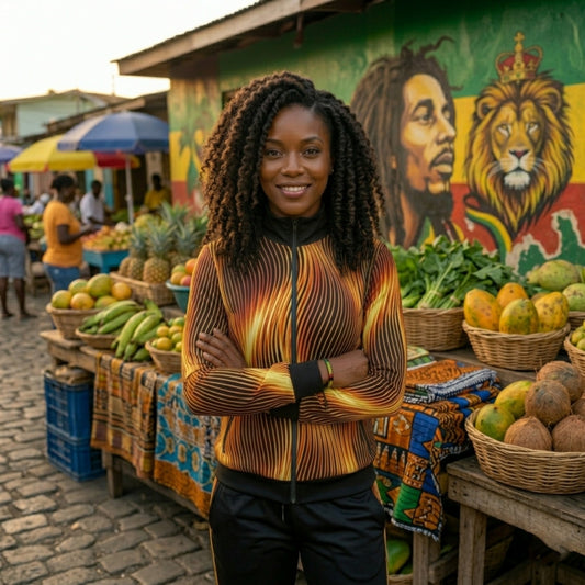 Smiling woman with long twists wearing a black and flame-patterned track jacket with arms crossed at a Caribbean market.