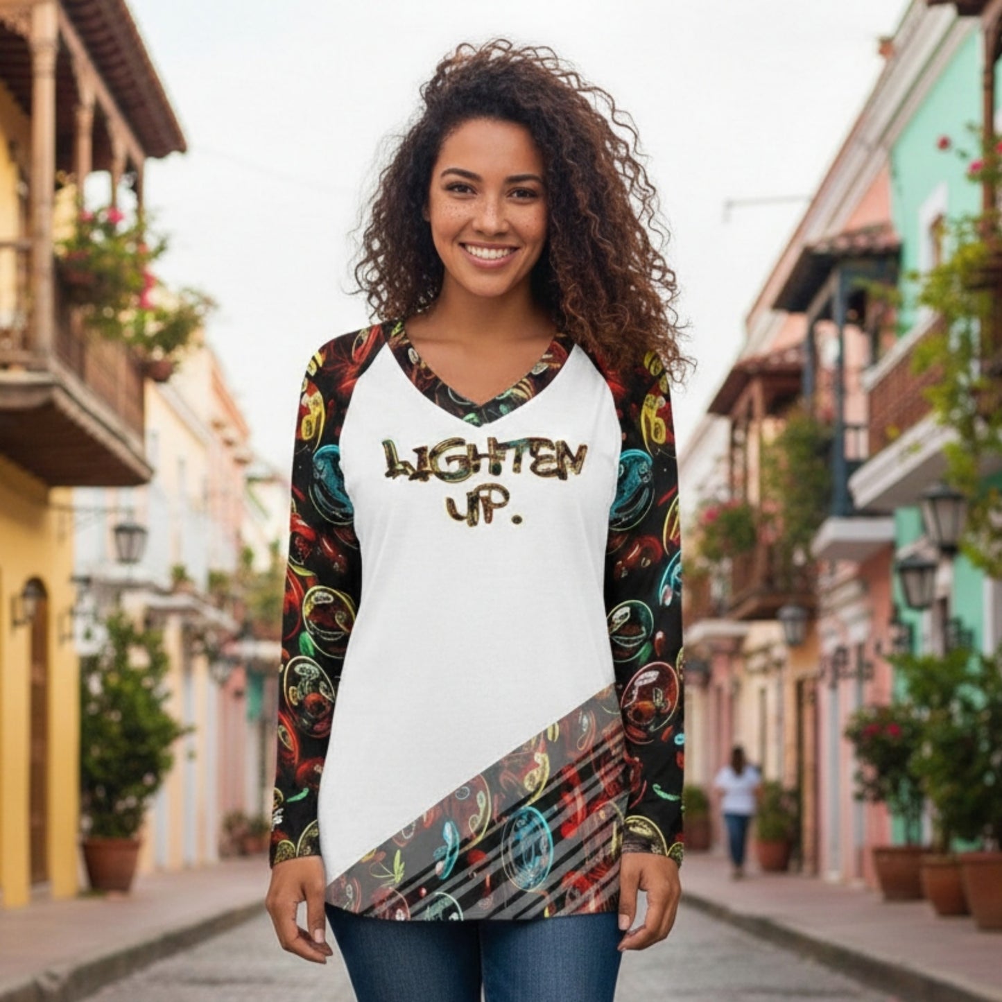 "Lighten Up" (01) | Women's V-neck Long Sleeve Tee