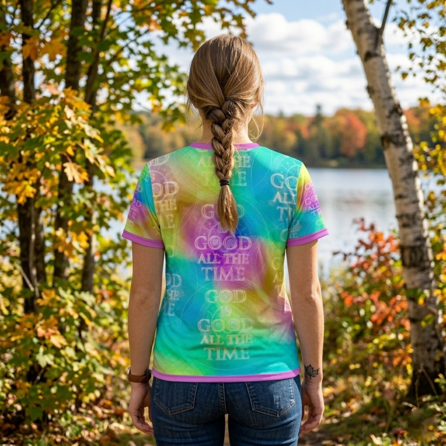 Back view of a woman with a long braid standing outdoors by a lake wearing a colorful "God is Good All the Time" tie-dye t-shirt.