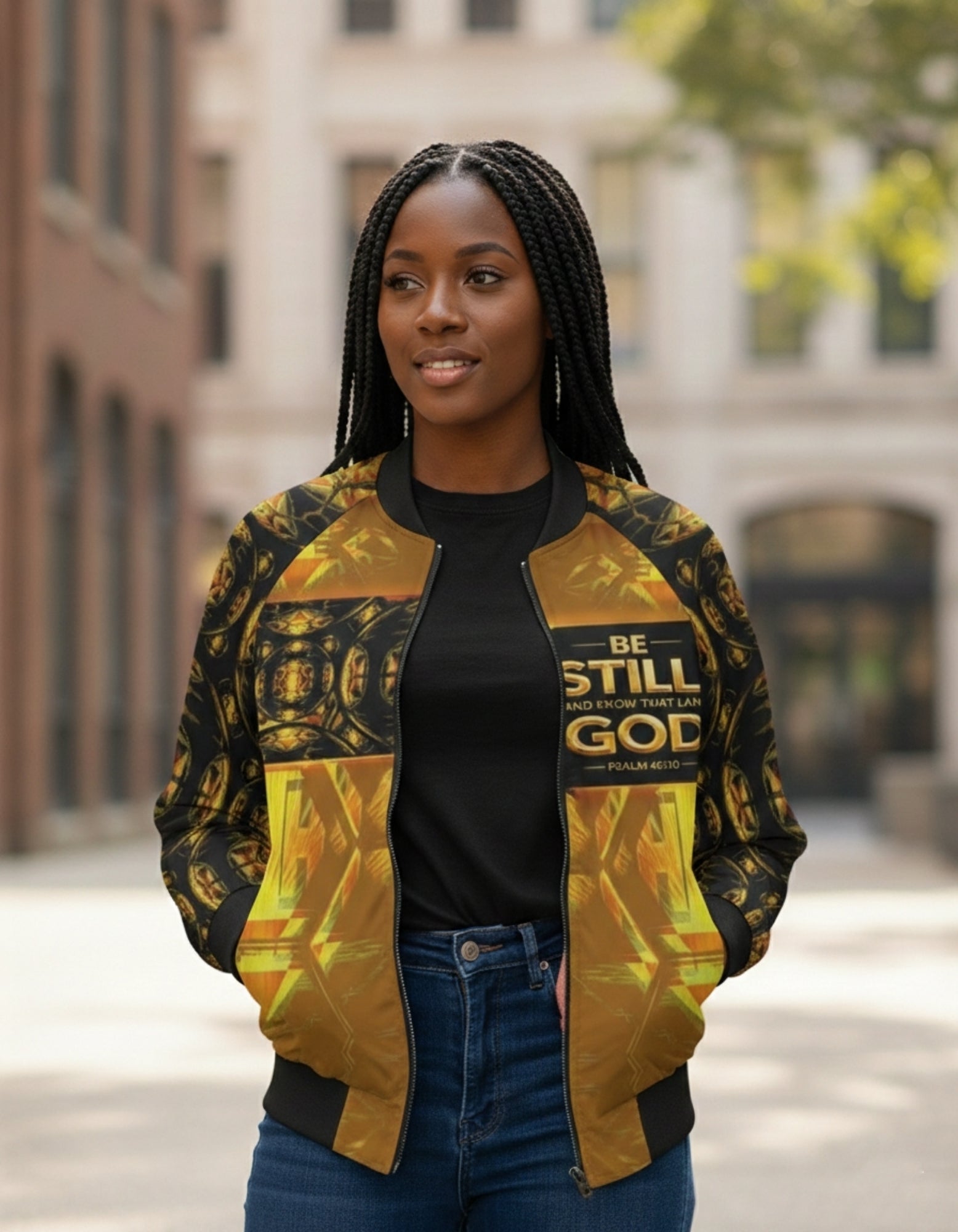Front view of a woman wearing a gold and black bomber jacket with "BE STILL AND KNOW THAT I AM GOD" printed on the chest.