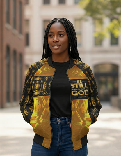 Front view of a woman wearing a gold and black bomber jacket with "BE STILL AND KNOW THAT I AM GOD" printed on the chest.