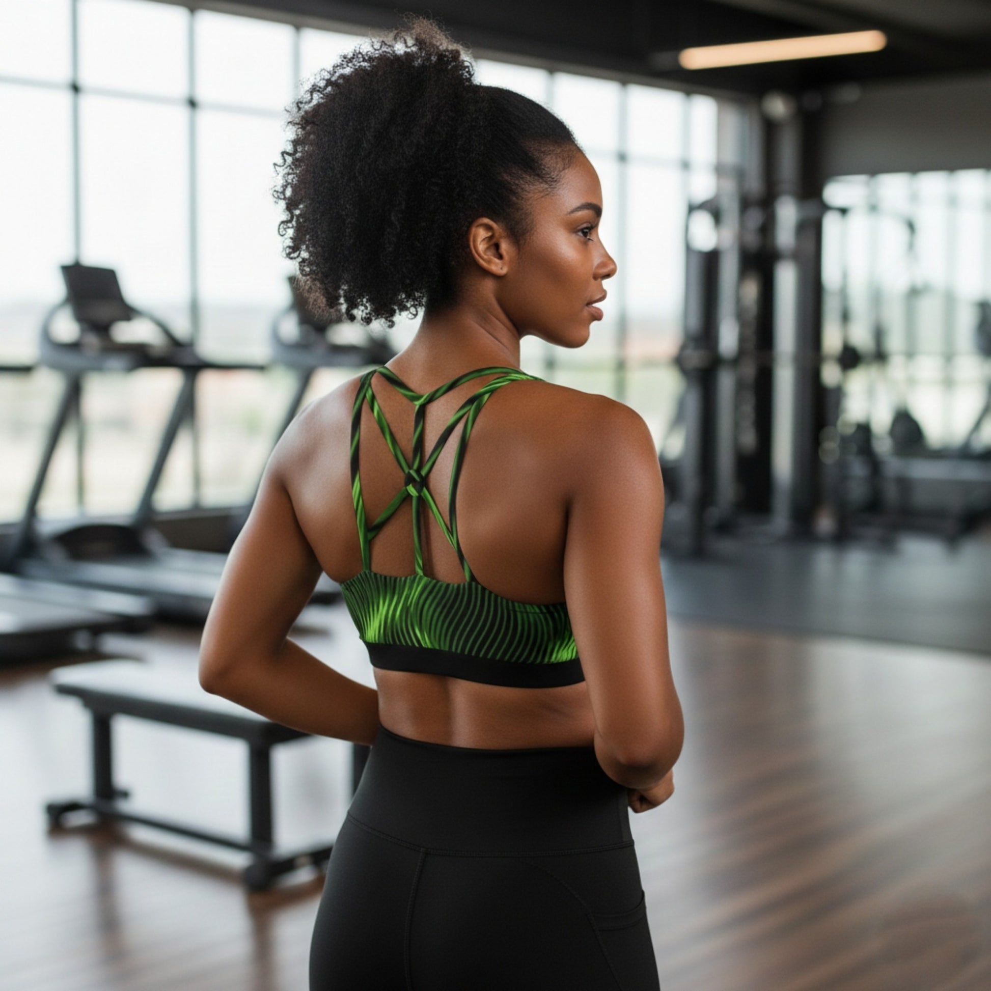 Rear view of a woman with a curly ponytail in a gym, wearing a green patterned sports bra with an intricate strappy back and black leggings.