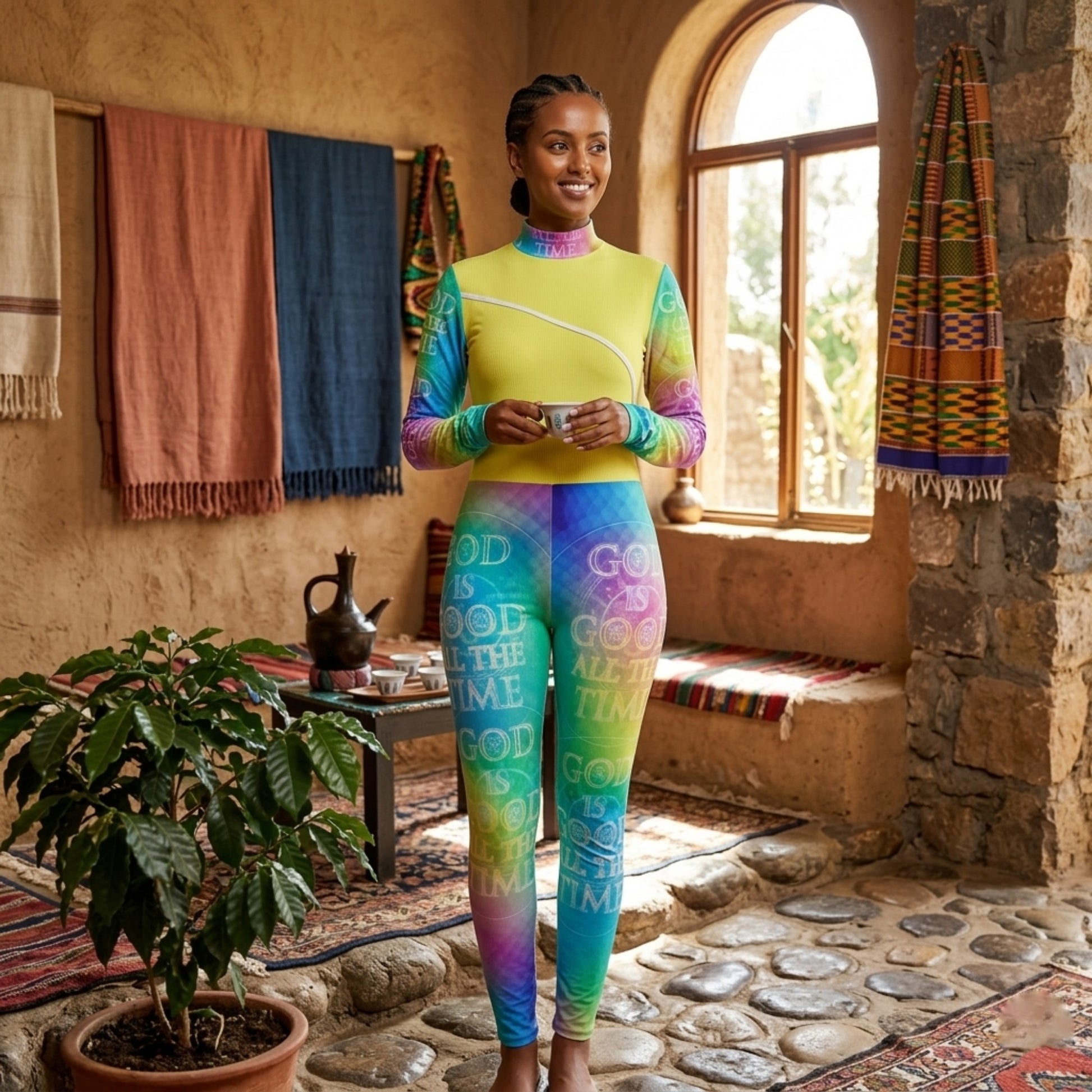 Front view of an Ethiopian model in a yellow mock-neck bodysuit and leggings with a colorful "GOD IS GOOD ALL THE TIME" typographic print.