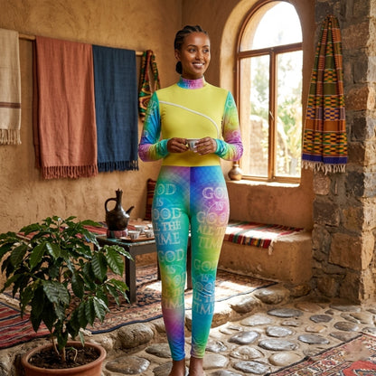 Front view of an Ethiopian model in a yellow mock-neck bodysuit and leggings with a colorful "GOD IS GOOD ALL THE TIME" typographic print.