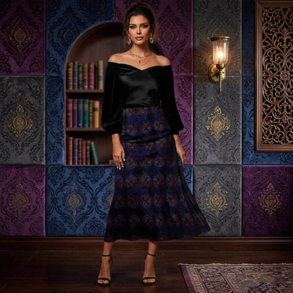 Floral Embosses (01): Nocturnal Sanctuary | A-line Pleated Midi Skirt