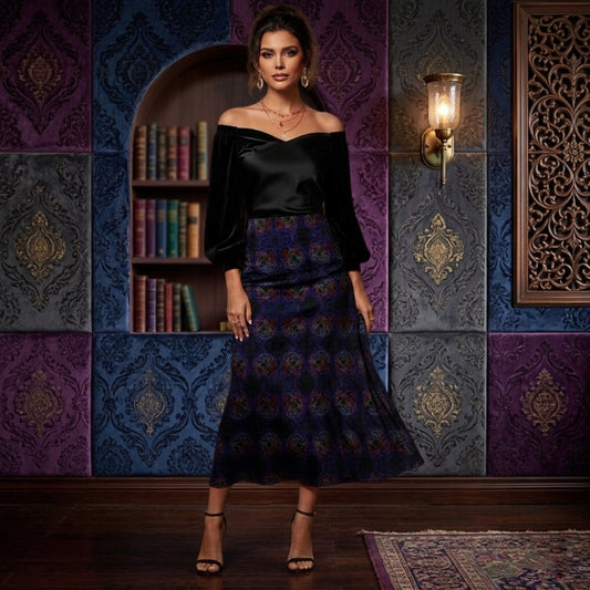 Floral Embosses (01): Nocturnal Sanctuary | A-line Pleated Midi Skirt