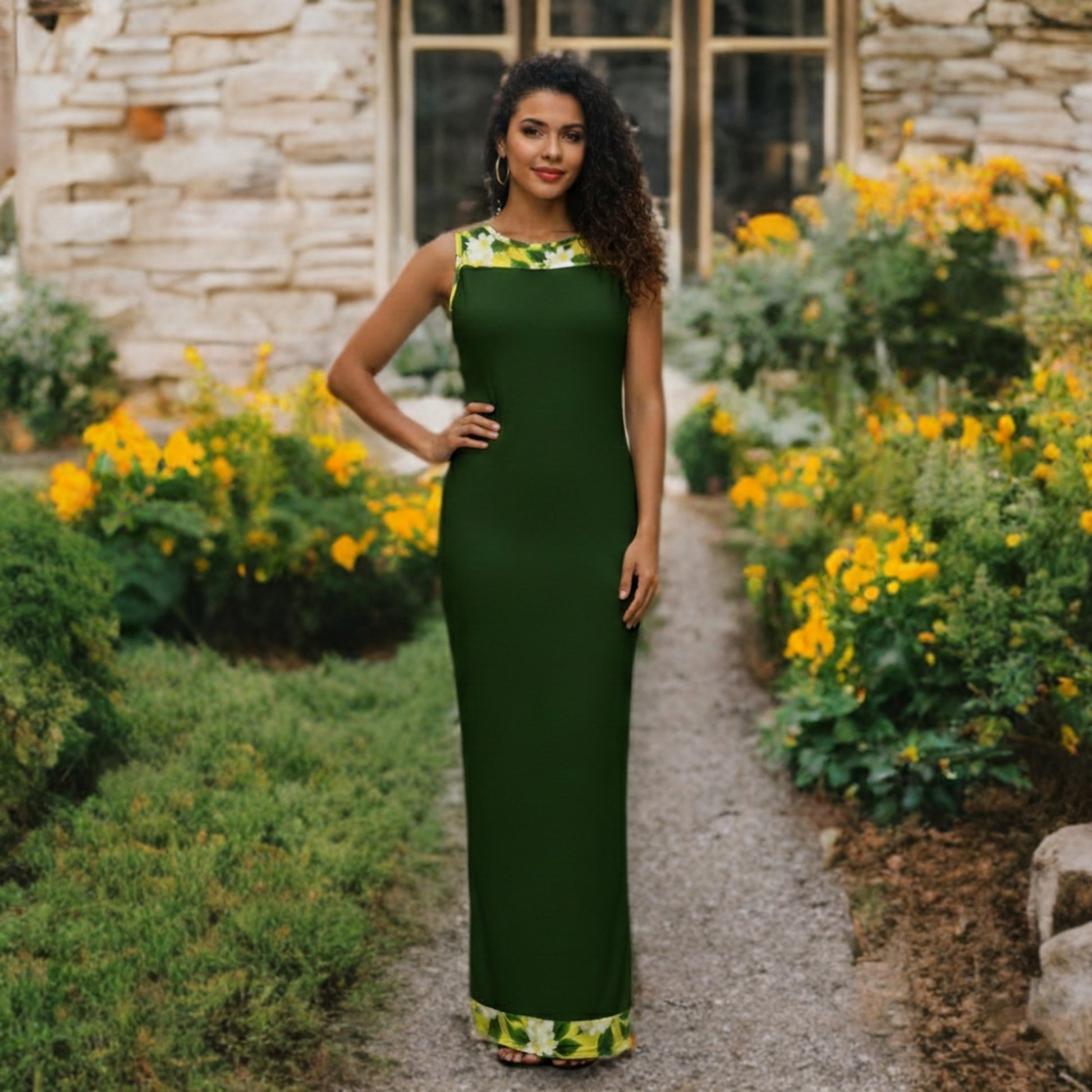 Woman in a green dress standing in a garden with yellow flowers and stone wall.