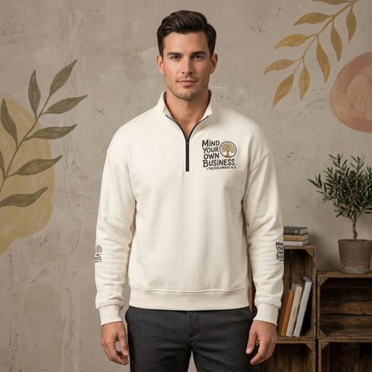 "Mind Your Own Business" (01-02) | Unisex Heavyweight Fleece Drop Shoulder Half Zip Sweatshirt