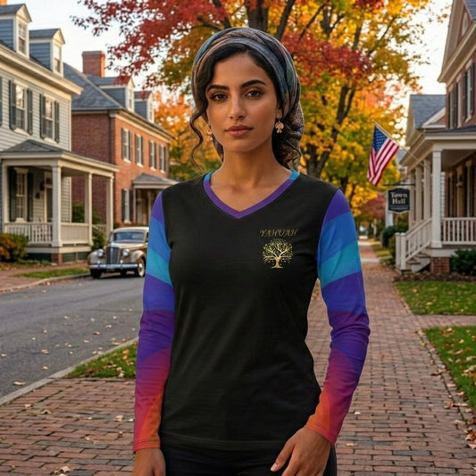 Yahuah-Tree of Life 01 Royal Ladies Designer V-neck Long Sleeve Jersey T-shirt