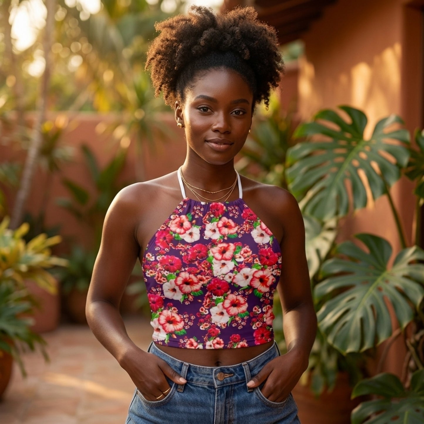 TRP Floral Prints (03): Hibiscus Flowers (01-01) "Argaman Vines" | Backless Halter Crop Top