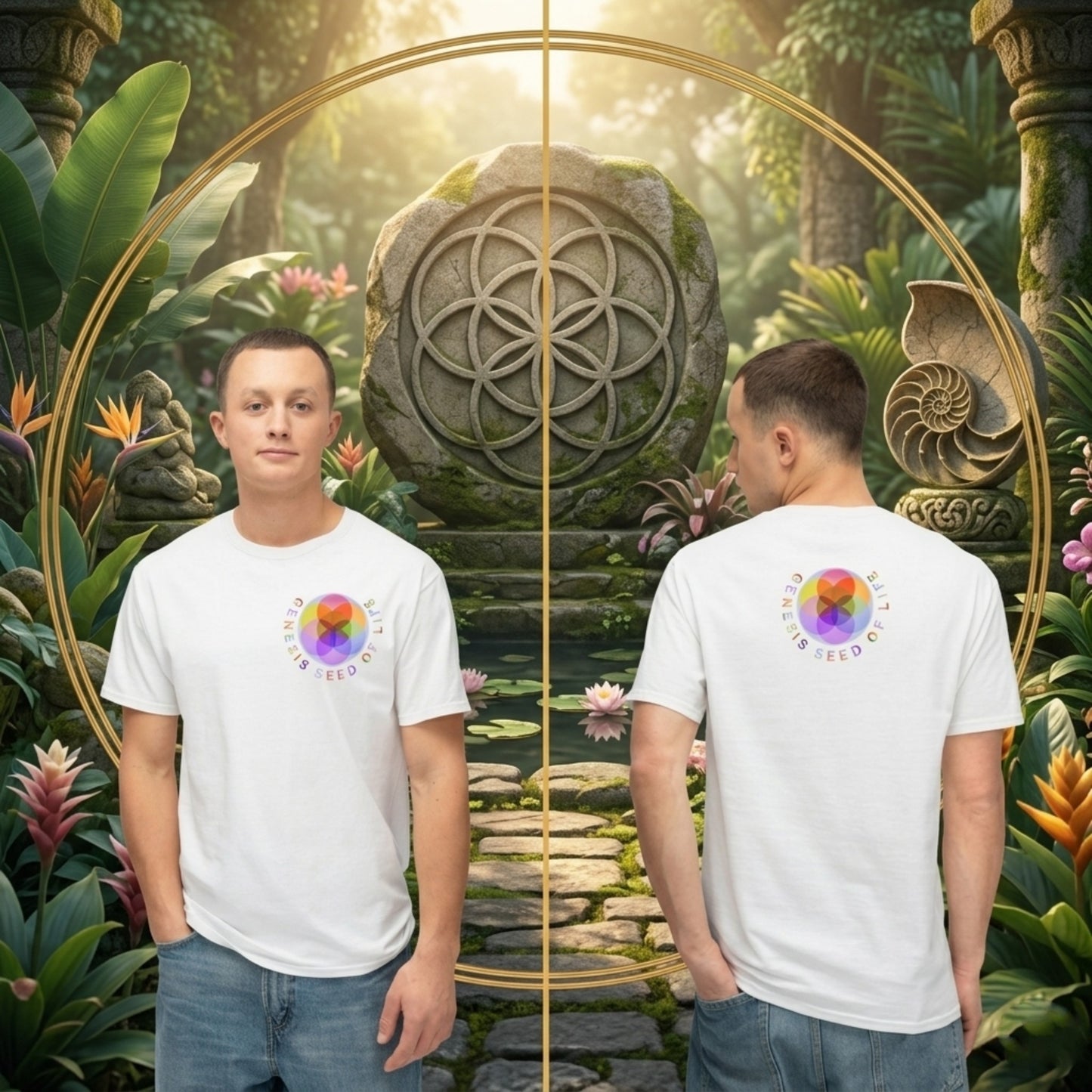 Sacred Geometry: Genesis Seed of Life 01-01 Designer Fruit of the Loom Unisex HD Cotton T-shirt