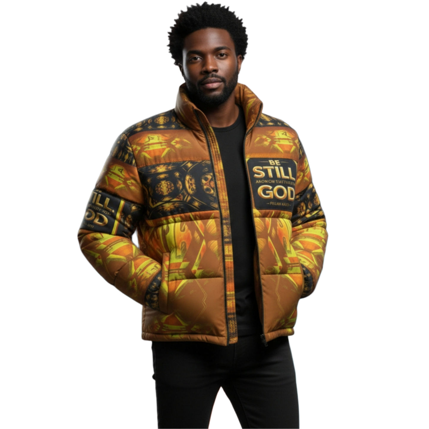 Hebrew World 01-03 Sacred Stillness Psalm 46:10 Men's Stand Collar Puffer Jacket