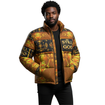 Hebrew World 01-03 Sacred Stillness Psalm 46:10 Men's Stand Collar Puffer Jacket