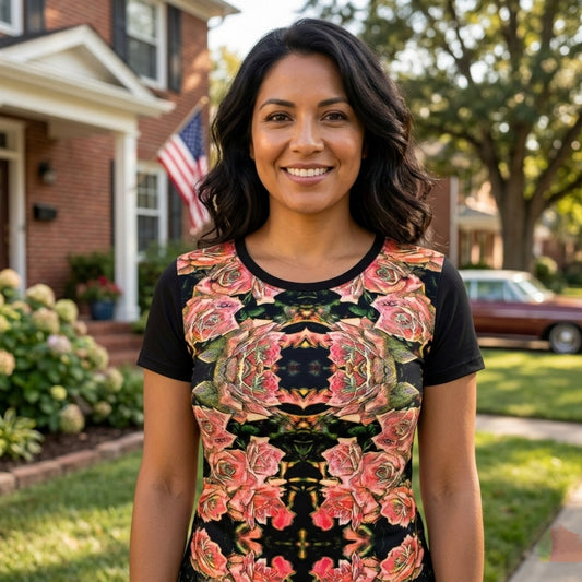 Floral Embosses: Roses 06-01 Ladies Designer Scoop Neck T-shirt