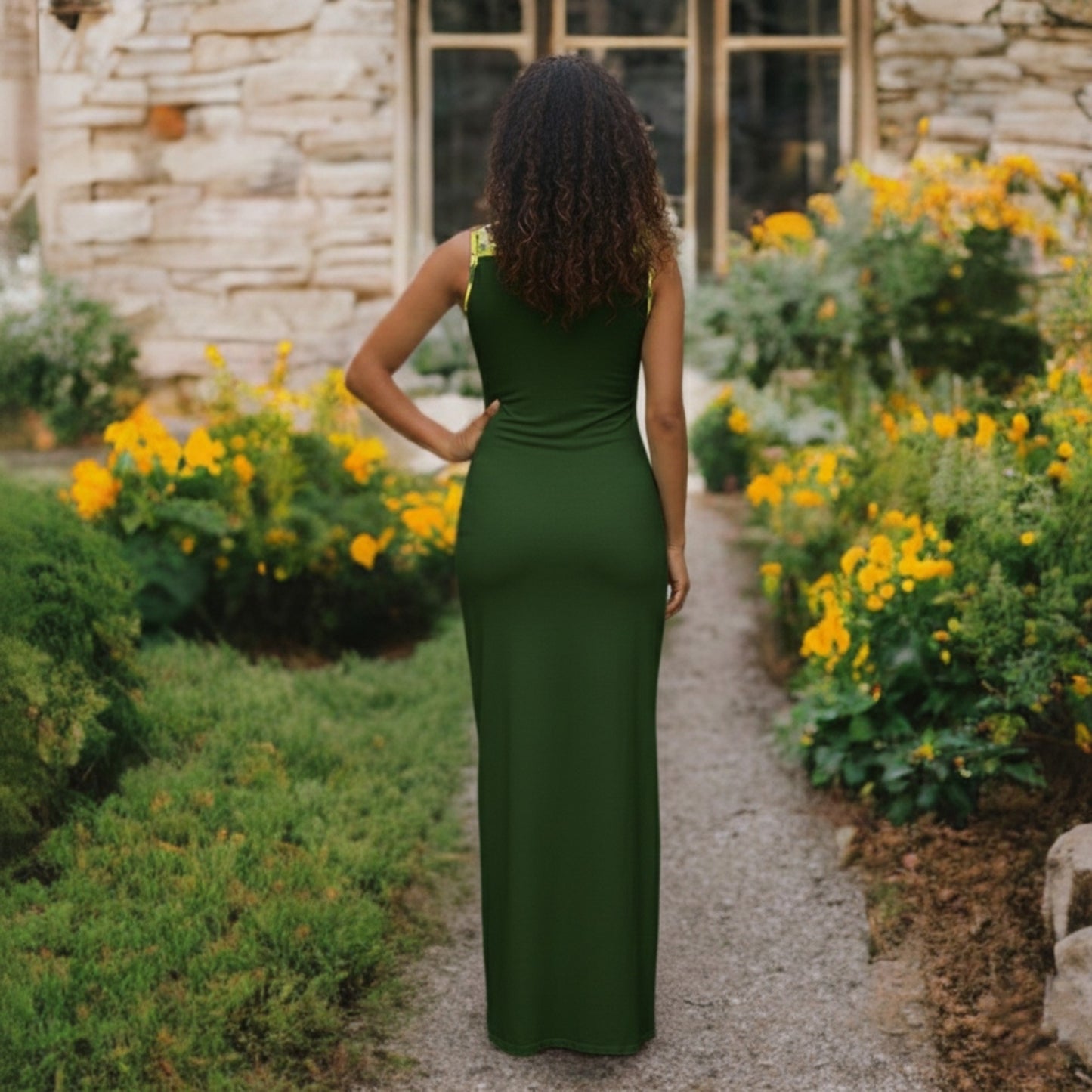 Woman in a green dress walking through a garden with yellow flowers and stone walls.