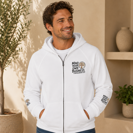 "Mind Your Own Business" (01-02) | Unisex Heavyweight Fleece Raglan Zip Hoodie | 2 colors