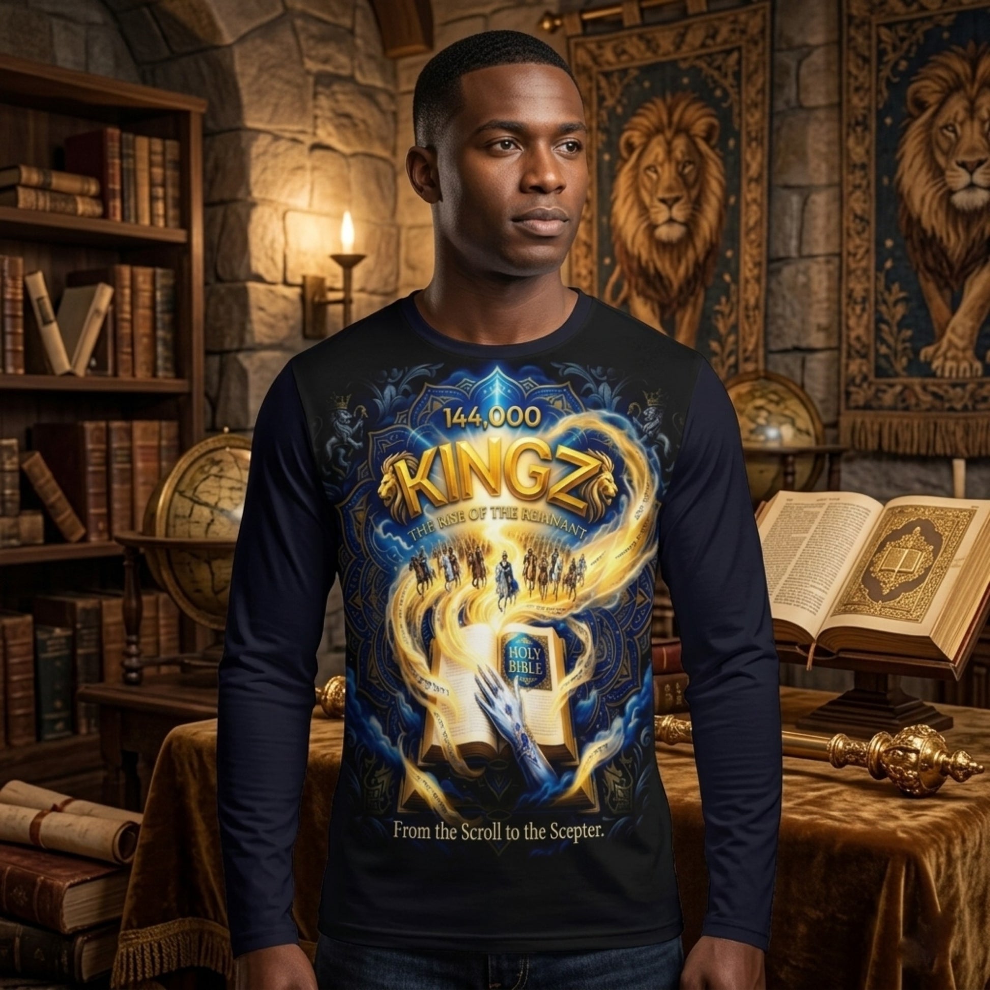 A man in a black long-sleeve shirt featuring "144,000 KINGZ" art with a golden scroll, scepter, and lions in a regal, candlelit library.