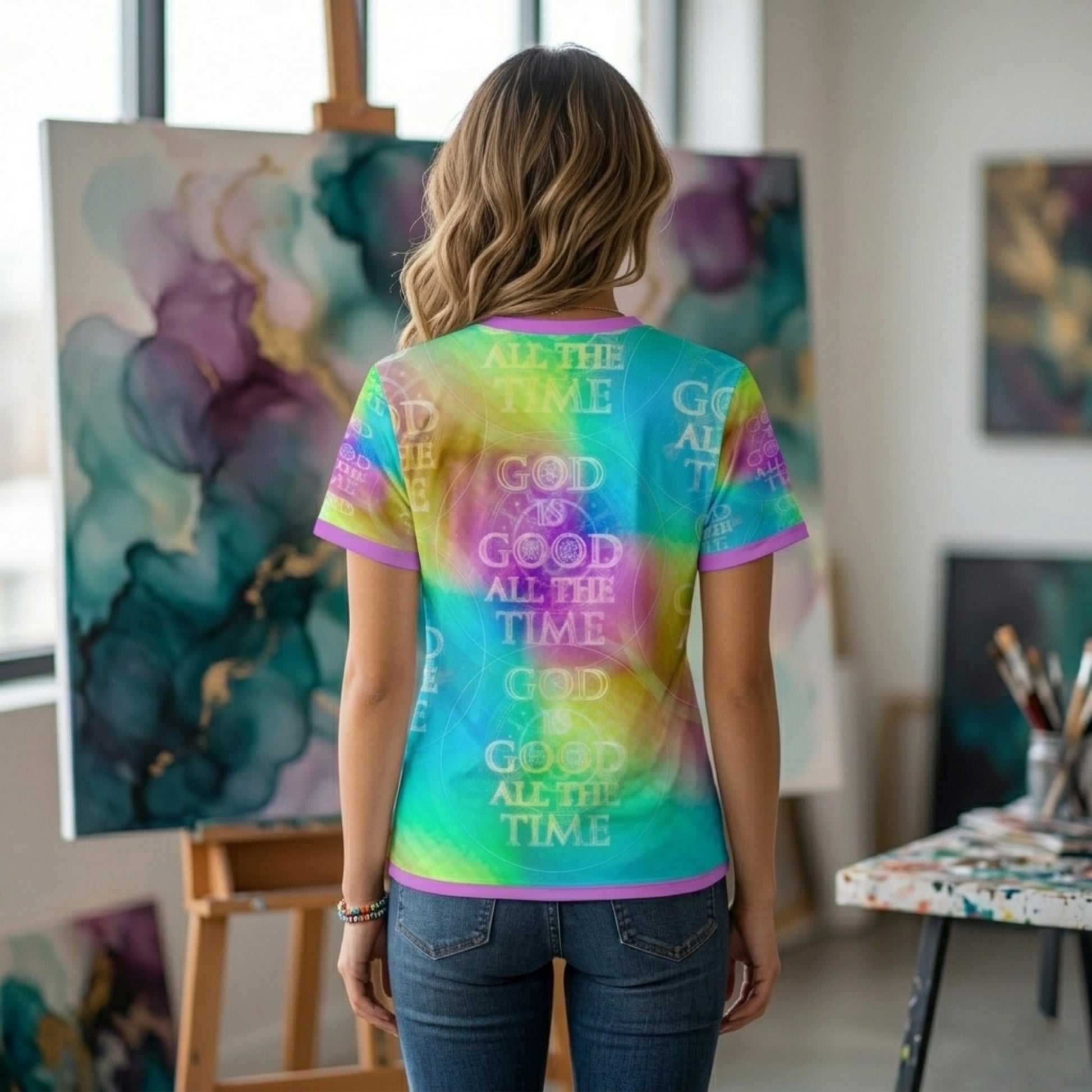 Back view of a woman in an art studio wearing a colorful "God is Good All the Time" tie-dye t-shirt.