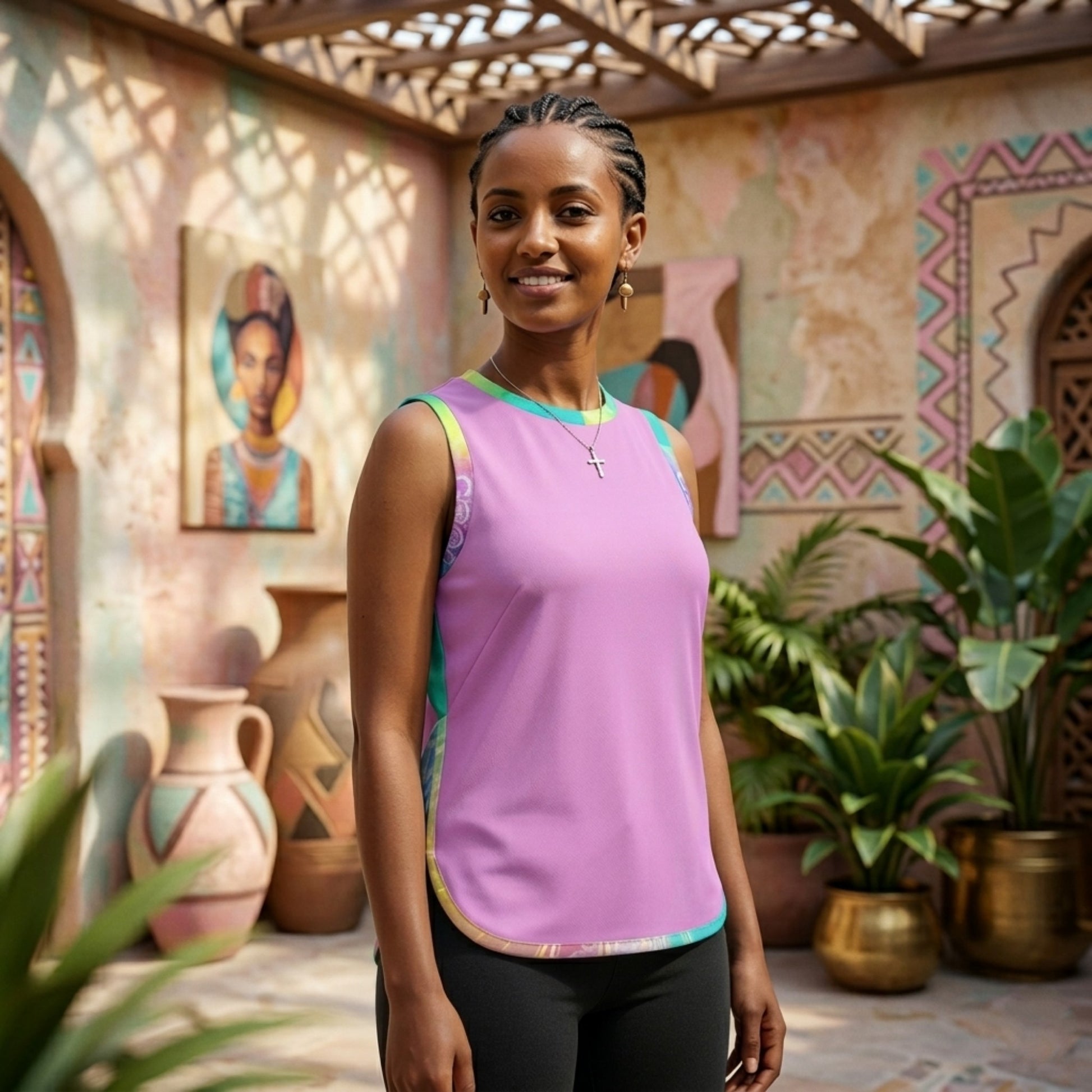 : Front view of a smiling woman in a purple tank top with colorful trim, standing in a patterned courtyard with clay pots and artwork.