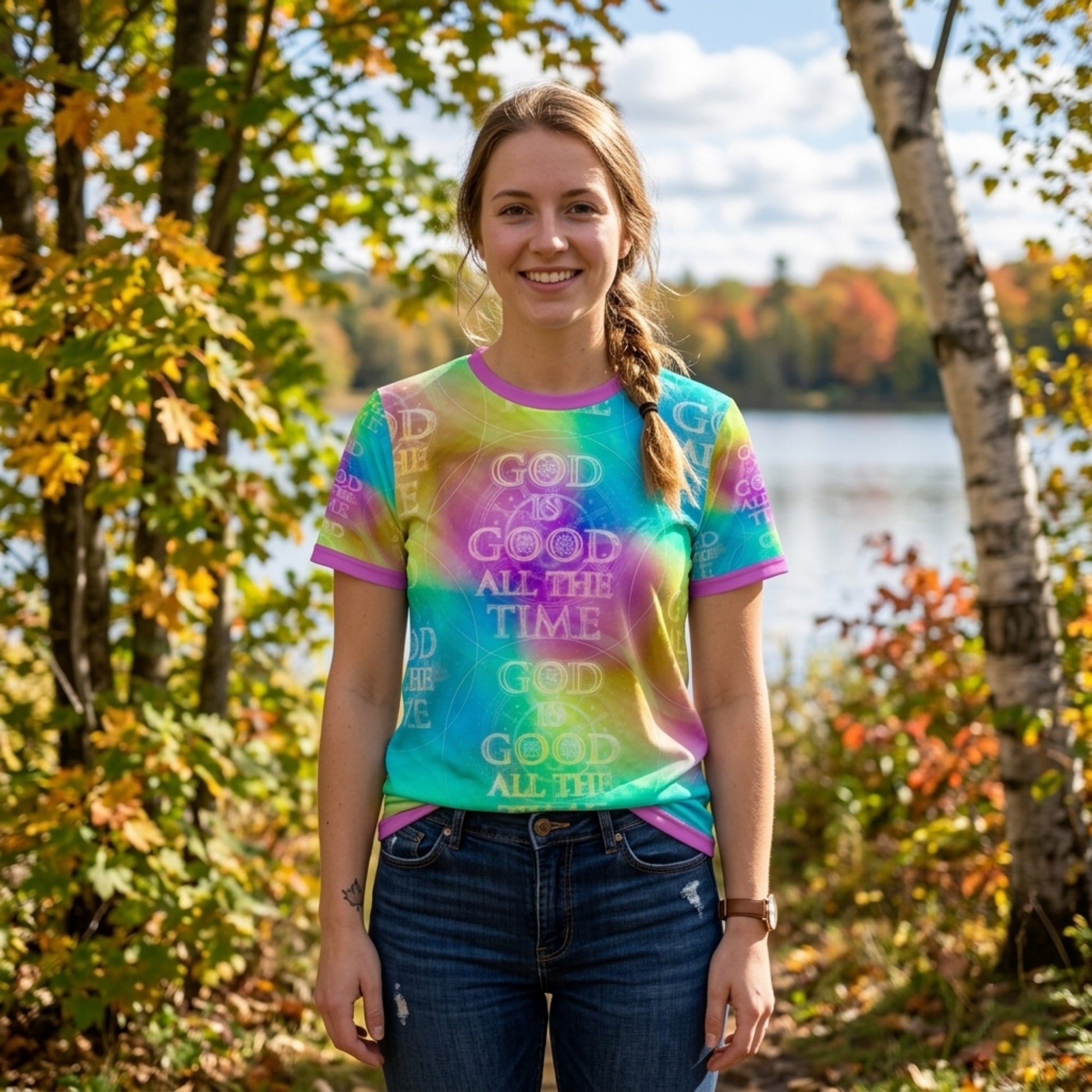 Front view of a smiling woman outdoors by a lake wearing a colorful "God is Good All the Time" tie-dye t-shirt.