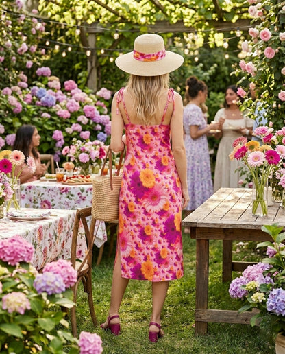 Back view of a woman in a floral tie-shoulder dress standing in a sunlit garden with pink flowers.