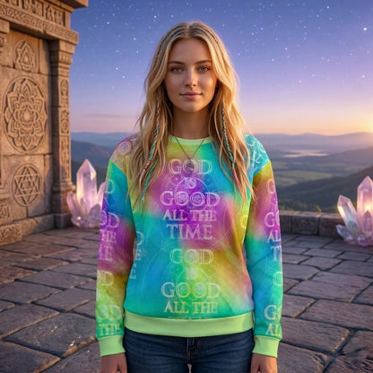 Front View of a vibrant rainbow tie-dye sweatshirt featuring "God is Good All The Time" text, worn by a blonde woman in a mystical setting with large crystals and starlit sky.