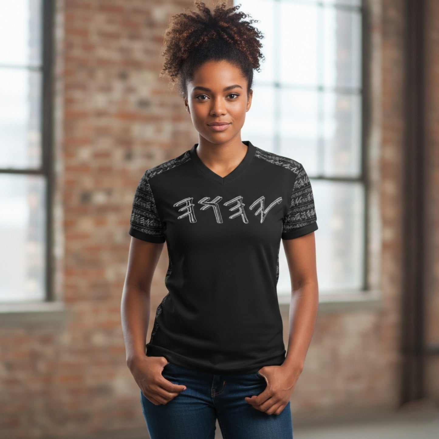 Yahuah Logo 01-02 Ladies Designer V-neck Jersey T-shirt