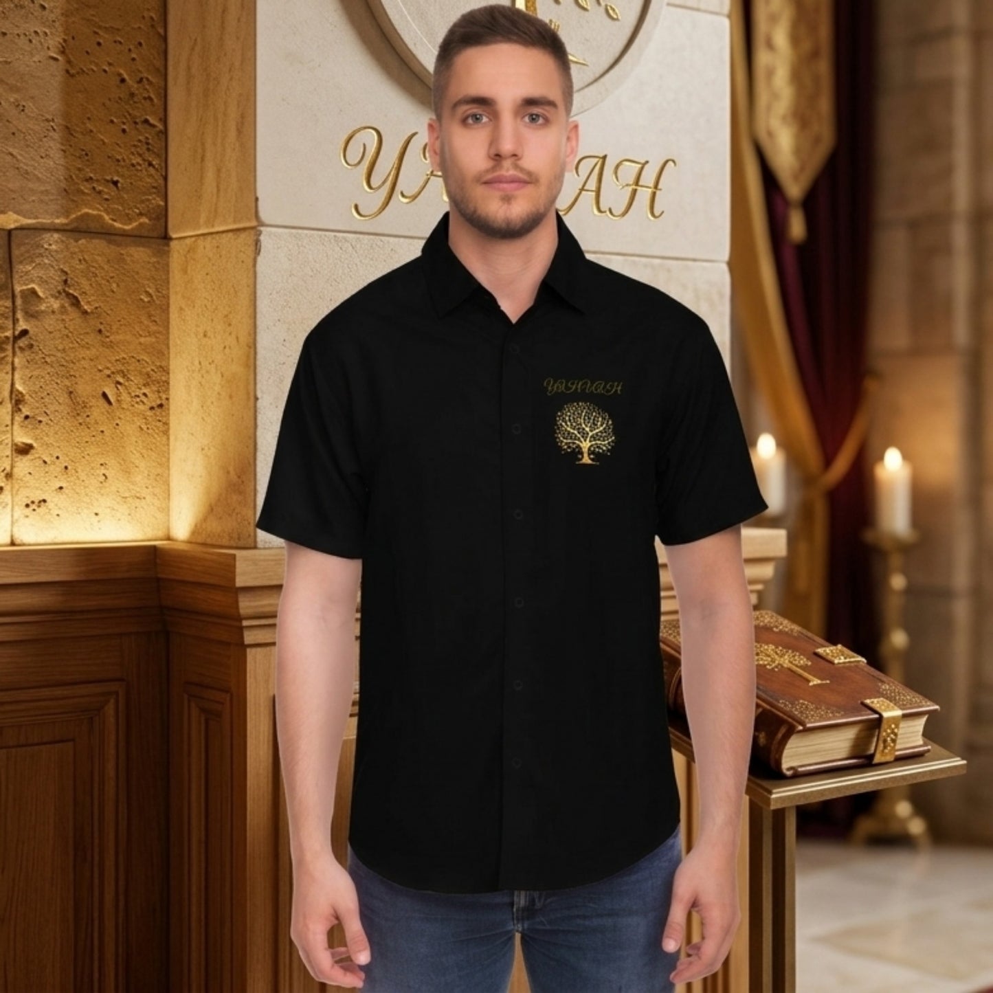 Yahuah: Tree of LIfe (01-01) | Men's Spread Collar Shirt | Polyester Poplin Fabric