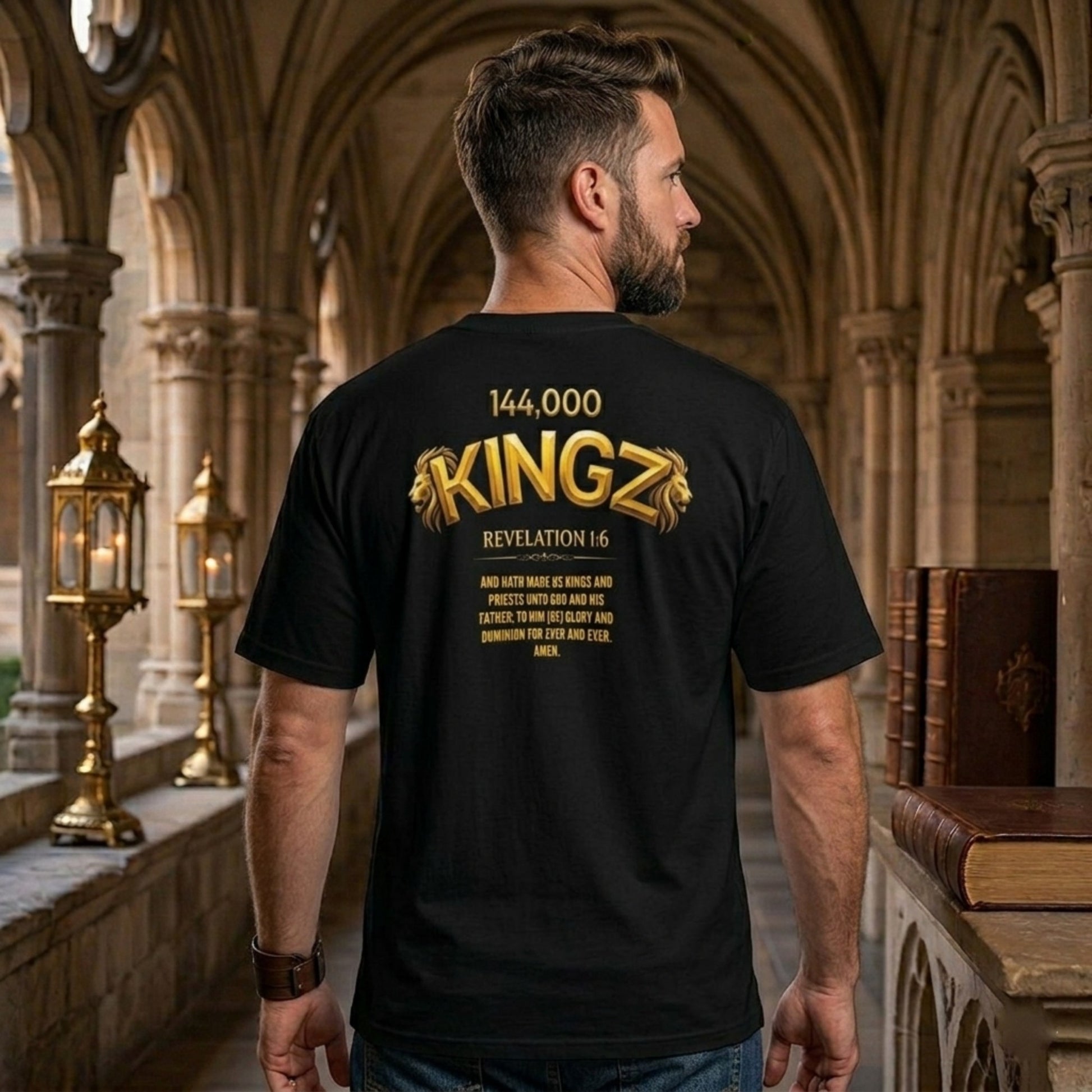 Man in a black t-shirt with gold text: "144,000 KINGZ," Revelation 1:6 scripture, and lion motifs, set against a gothic cathedral backdrop.