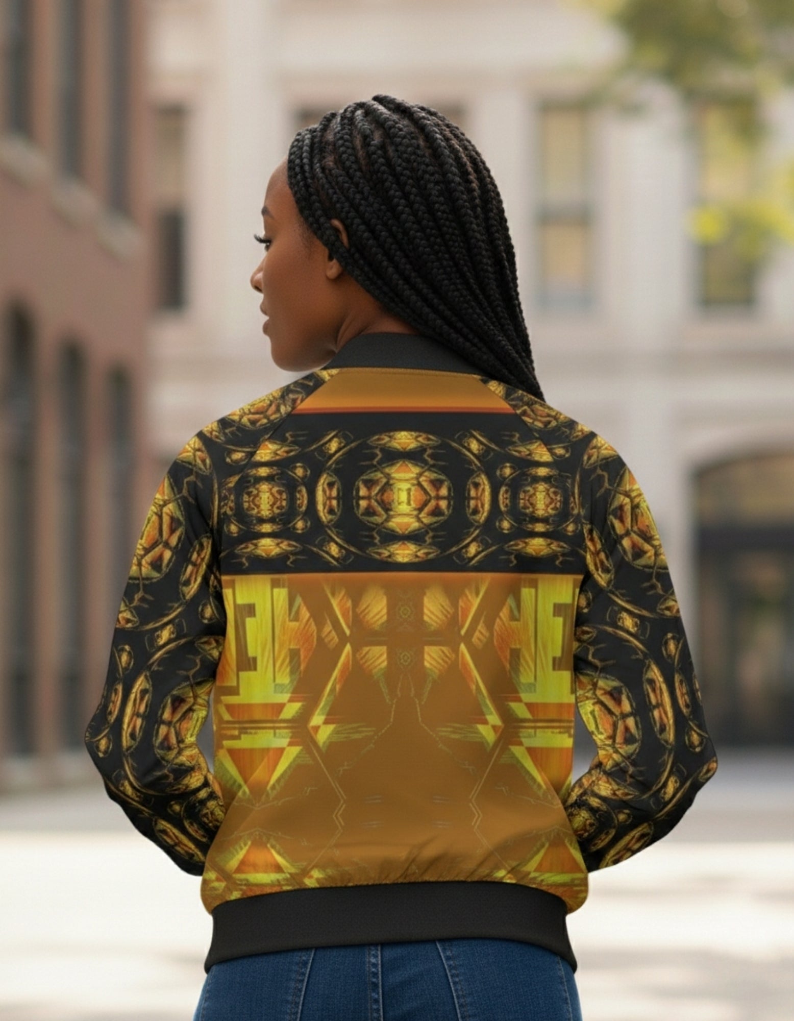 Back view of a woman in a gold and black bomber jacket featuring an intricate geometric and circular pattern in a symmetrical design.