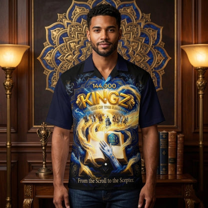 Man wearing a navy shirt featuring "144,000 KINGZ" text, a Holy Bible, and an illustration of riders. "From the Scroll to the Scepter" is at the bottom.